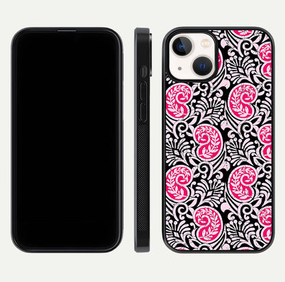 Crimson Paisley Charm Glass Case for iPhone 13 dual-view layout displaying HD print and curved polish