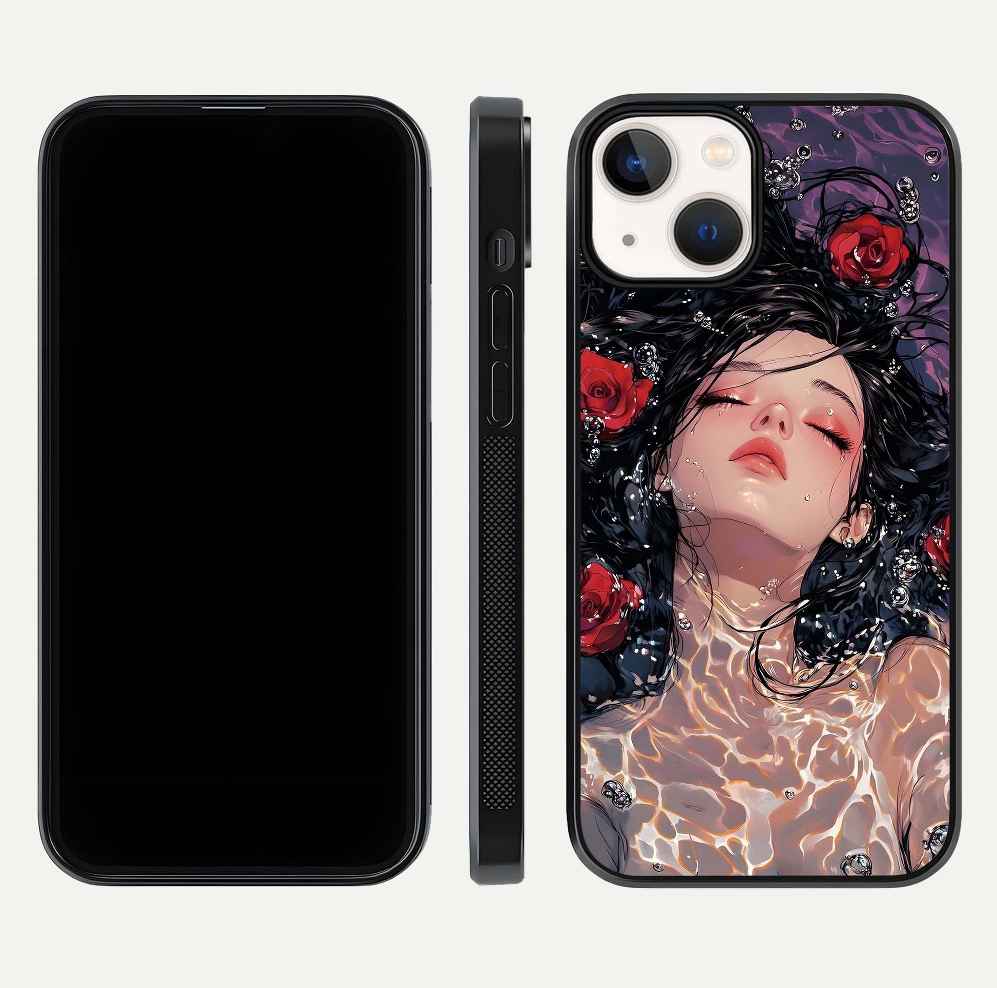 Crimson Rose Serenity Glass Case for iPhone 13 dual-view layout displaying serenity tones and curved glass