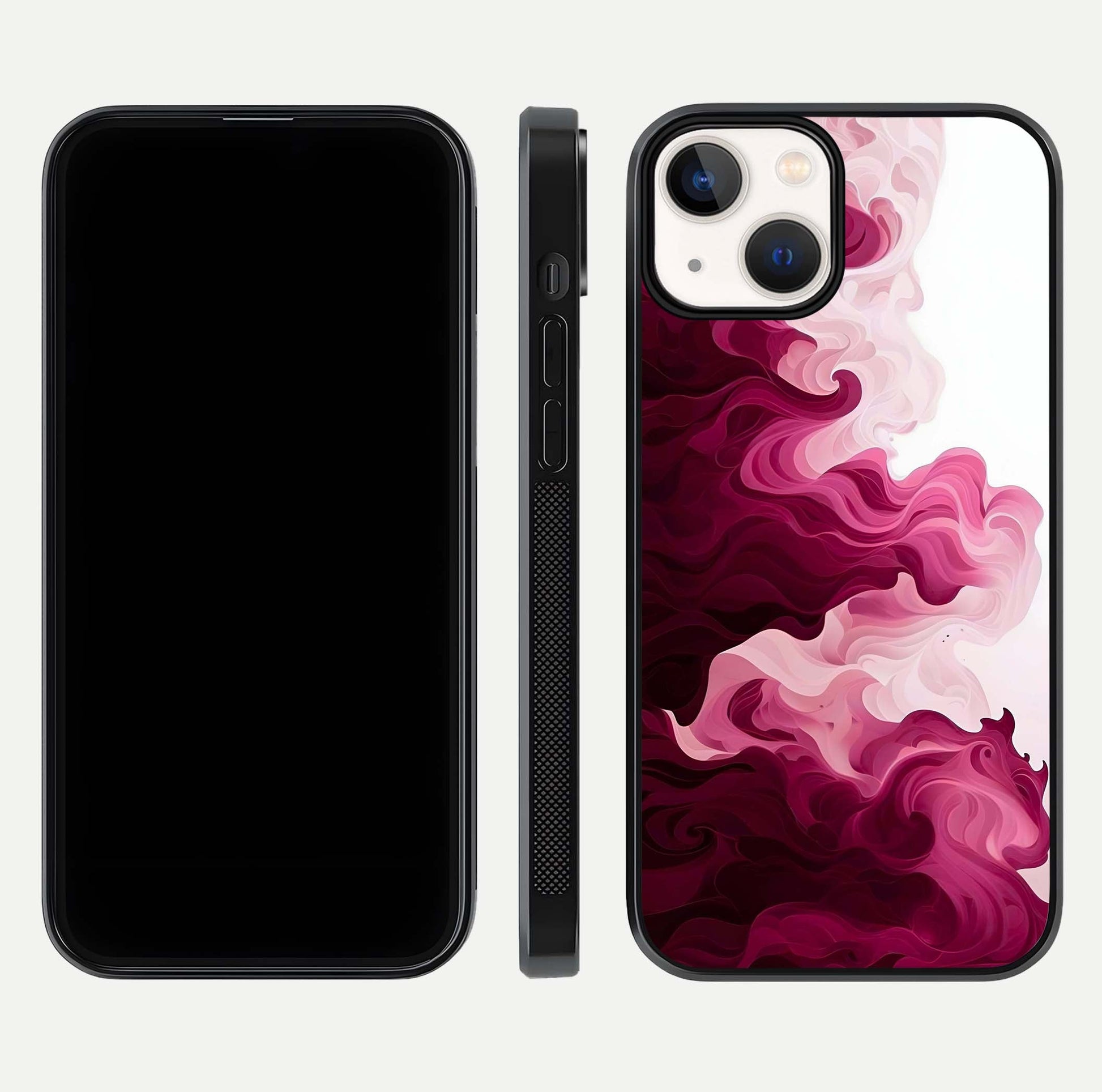 Crimson Wave Flow Glass Case for iPhone 13 dual-view layout displaying curved wave art and polished surface