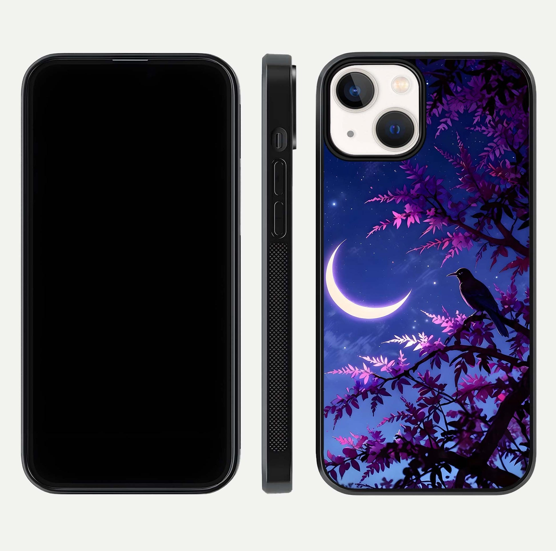 Crow & Moon Scenery Glass Case for iPhone 13 dual-view layout displaying night sky art and curved glass edges
