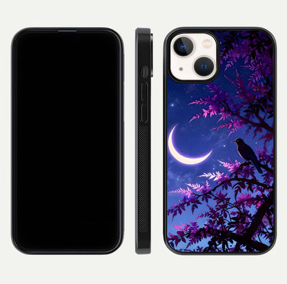 Crow & Moon Scenery Glass Case for iPhone 13 dual-view layout displaying night sky art and curved glass edges