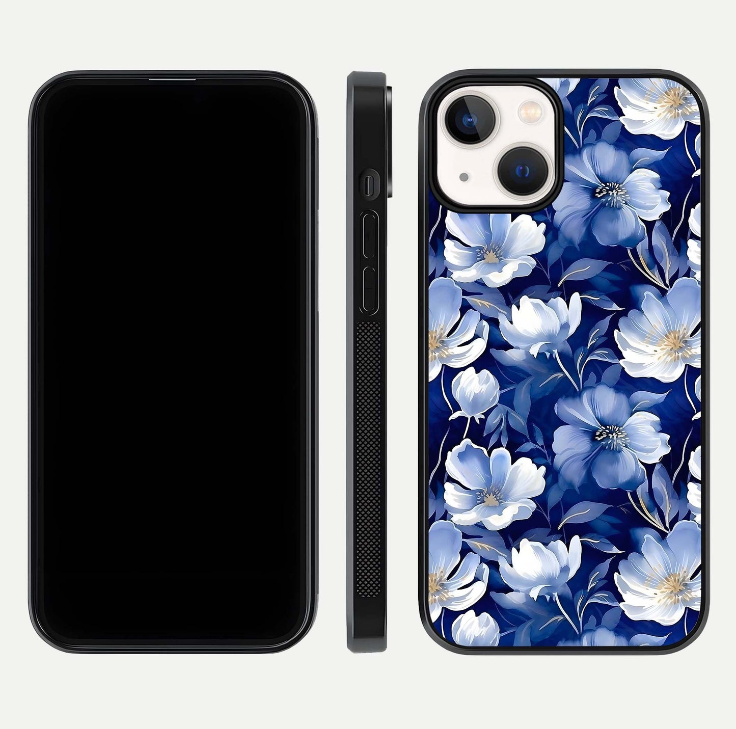 Cute Floral Patterns Glass Case for iPhone 13 dual-view layout displaying HD floral print and curved edges