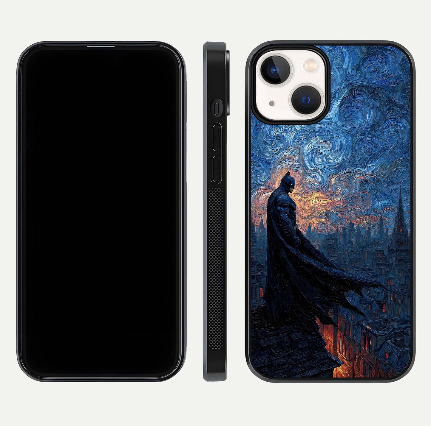 Dark Knight Dusk Glass Case for iPhone 13 dual-view layout displaying HD hero print and curved glass edges
