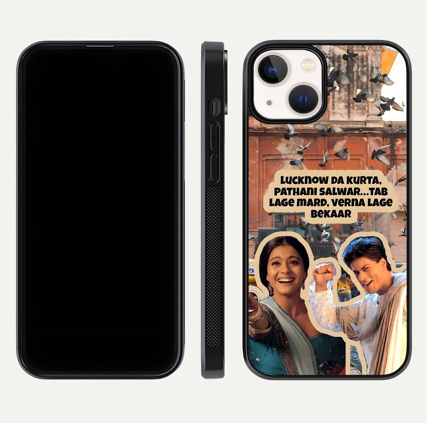 Desi Retro Vibes Glass Case for iPhone 13 dual-view layout showing nostalgic design and smooth glass curve