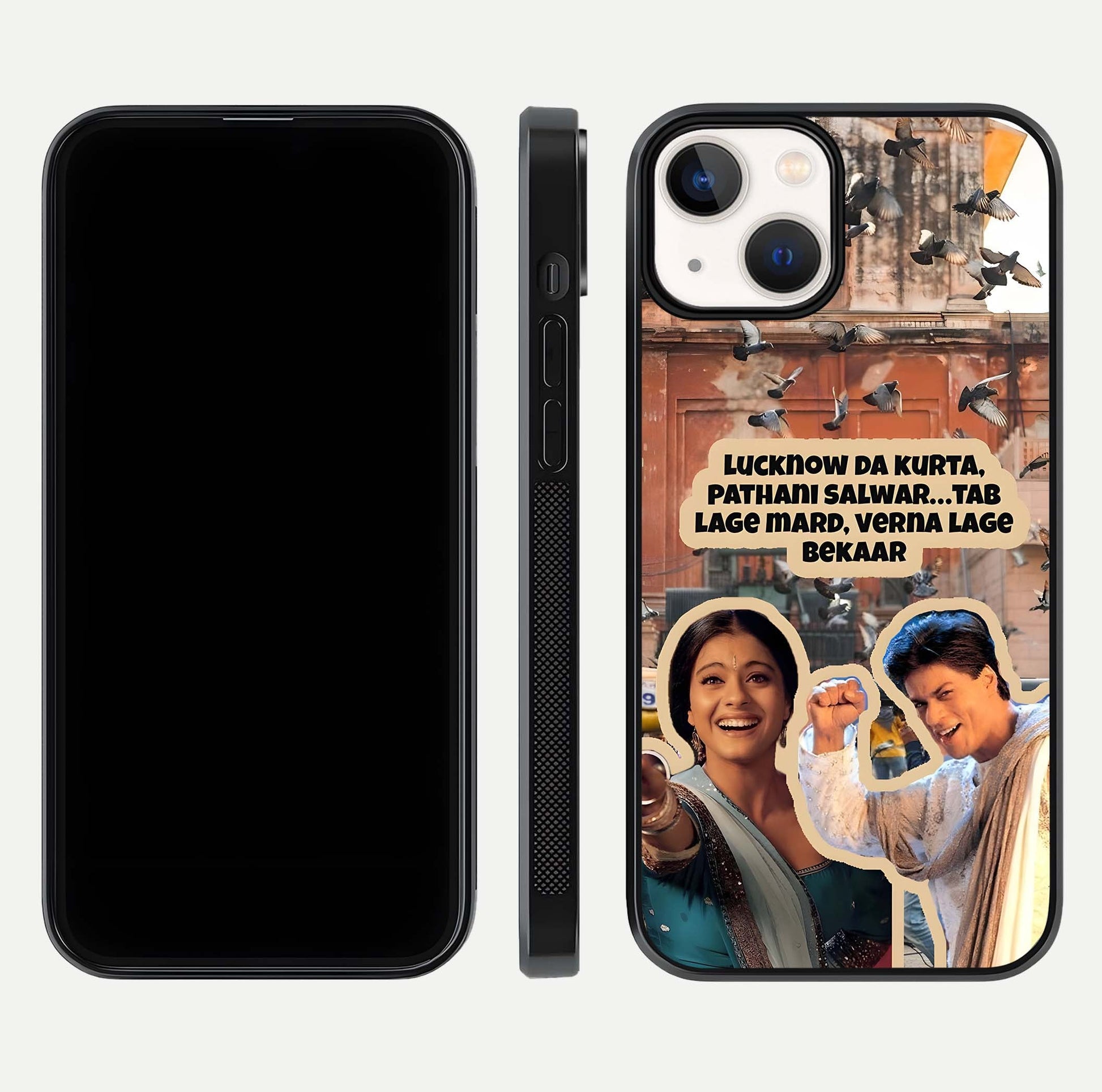 Desi Retro Vibes Glass Case for iPhone 13 dual-view layout showing nostalgic design and smooth glass curve