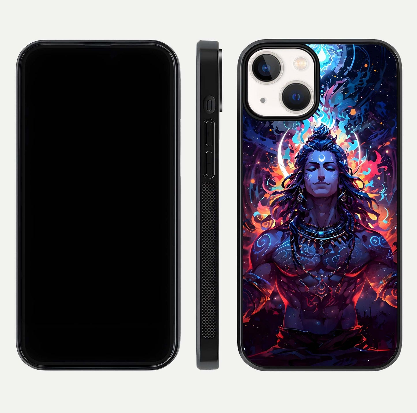 Divine Fire Shiv Glass Case for iPhone 13 dual-view layout displaying HD deity print and curved edges