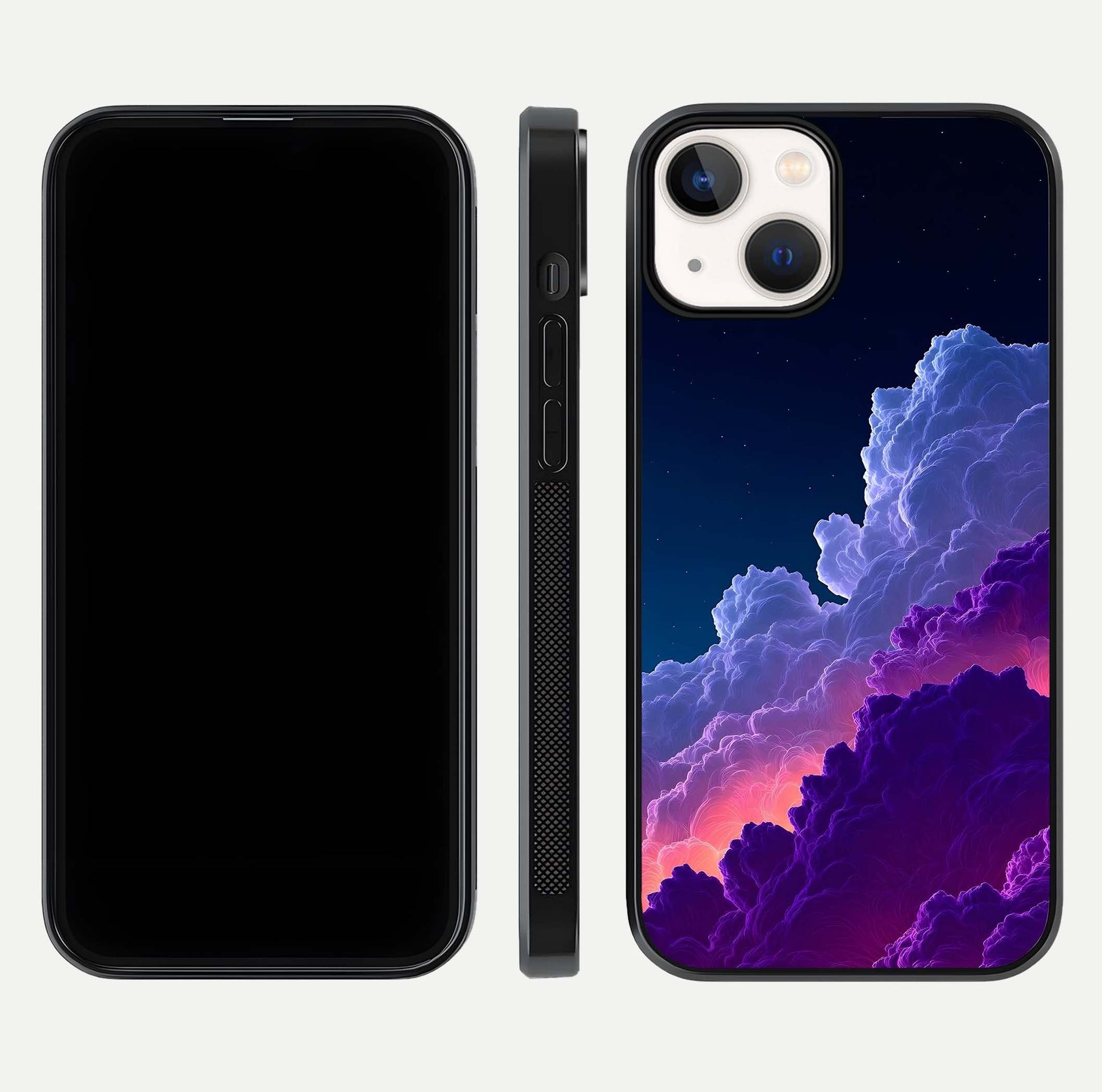 Dreamy Cloud Skies Glass Case for iPhone 13 dual-view layout displaying calm sky art and smooth curve