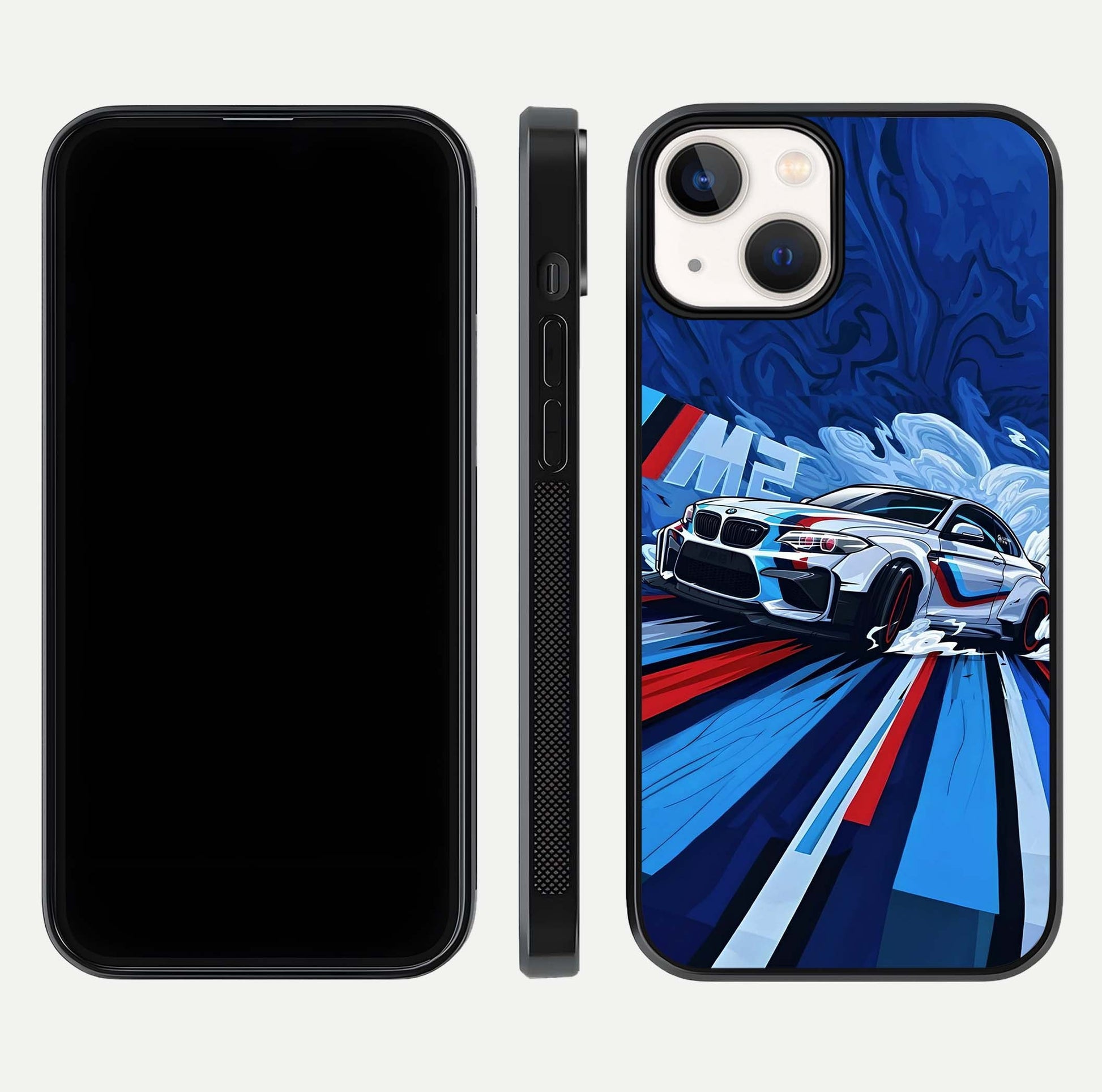 Drift Power Rush Glass Case for iPhone 13 dual-view layout displaying dynamic motion art and HD gloss