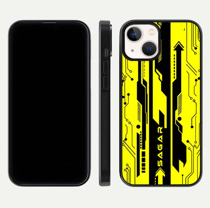 Electric Pulse CYBERPUNK Custom Name Glass Case for iPhone 13 dual-view layout displaying futuristic hues and curved glass edges