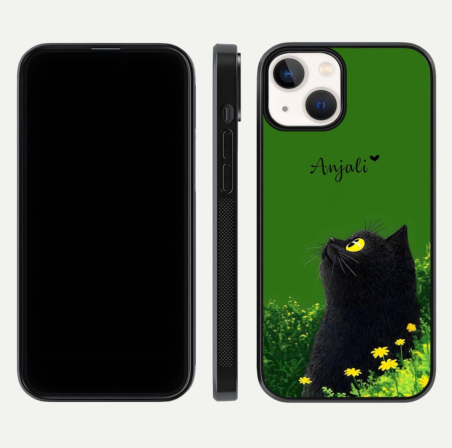 Emerald Cat Custom Name Glass Case for iPhone 13 dual-view layout displaying artistic tones and smooth curves