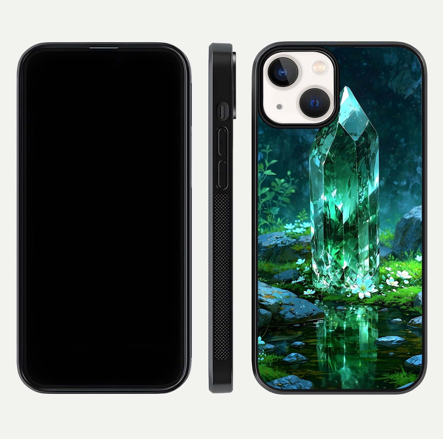 Emerald Light Crystal Glass Case for iPhone 13 dual-view layout displaying gem-like tones and polished edge