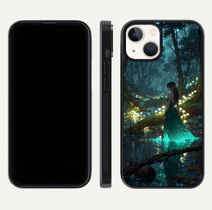 Enchanted Forest Glow Glass Case for iPhone 13 dual-view layout displaying green tones and smooth glass