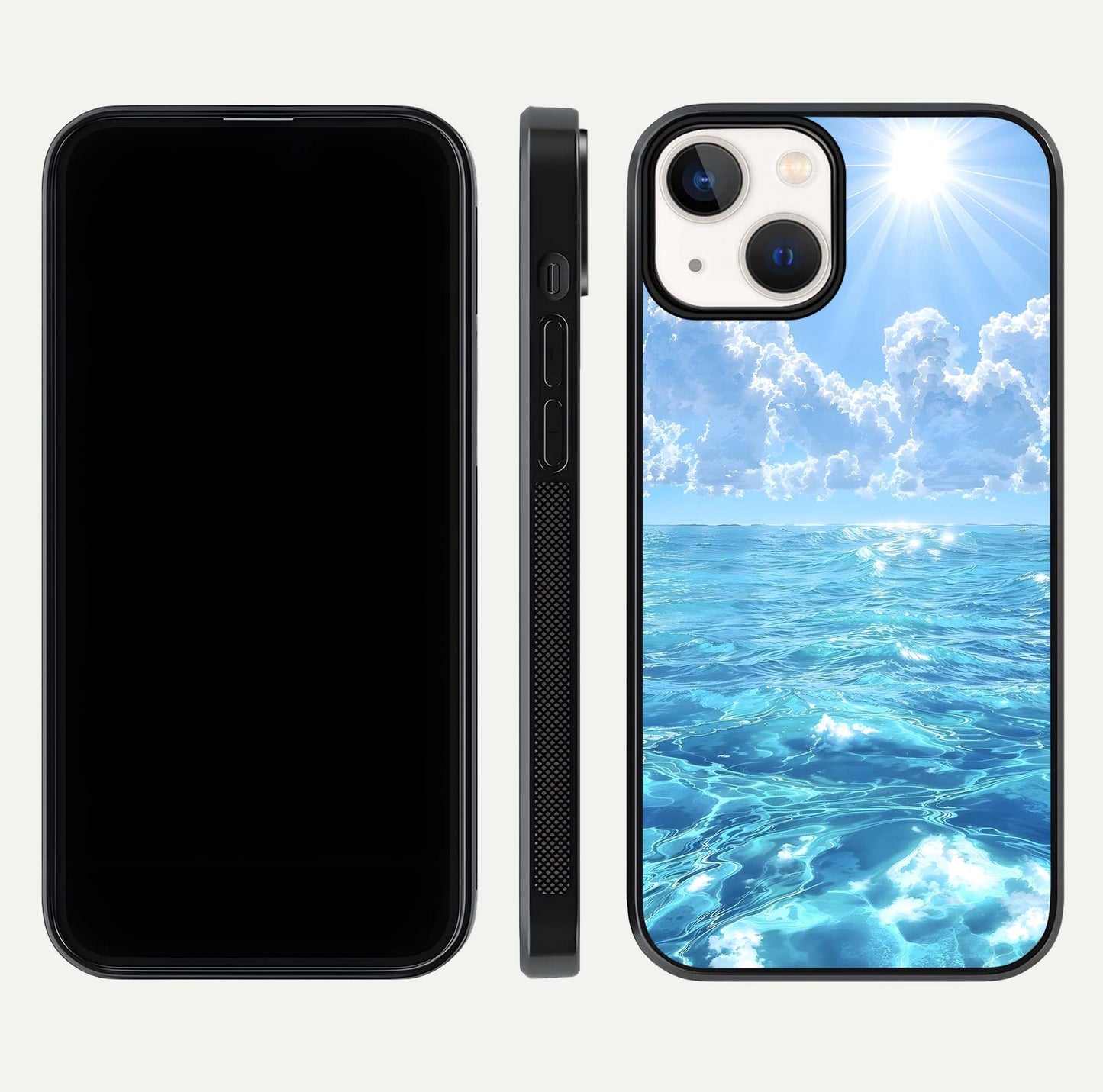 Endless Ocean Horizon Glass Case for iPhone 13 dual-view layout displaying calm seascape and curved edges