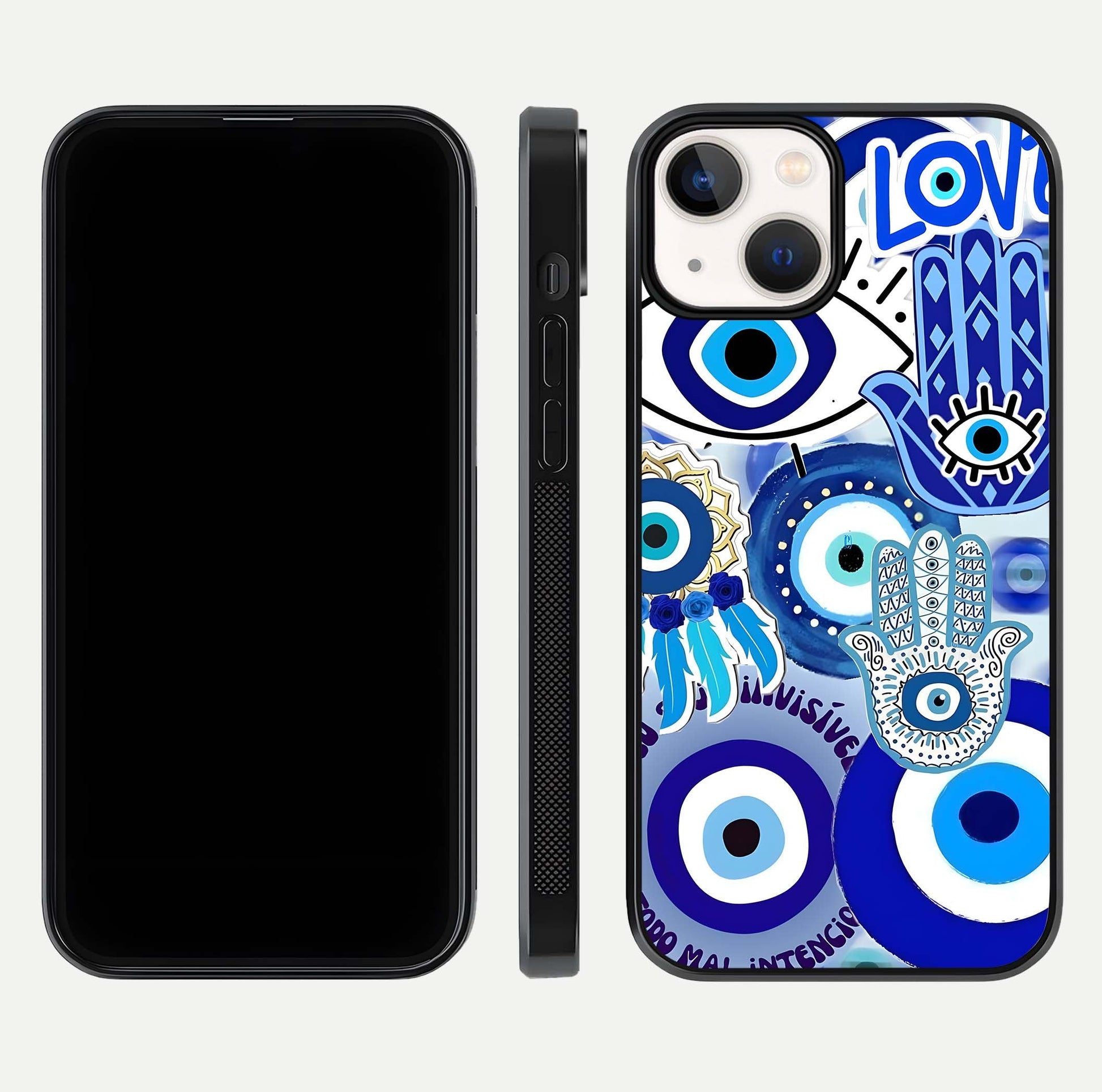 Evil Eyes Dream Glass Case for iPhone 13 dual-view layout displaying spiritual motif and polished curved edge