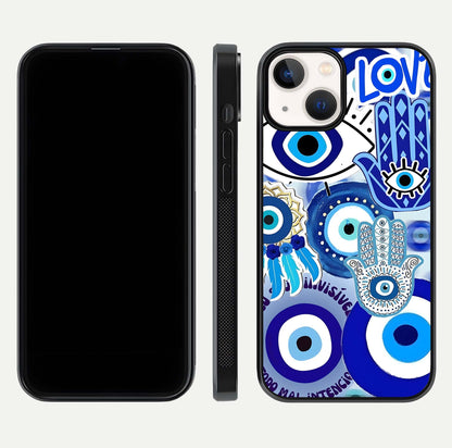 Evil Eyes Dream Glass Case for iPhone 13 dual-view layout displaying spiritual motif and polished curved edge