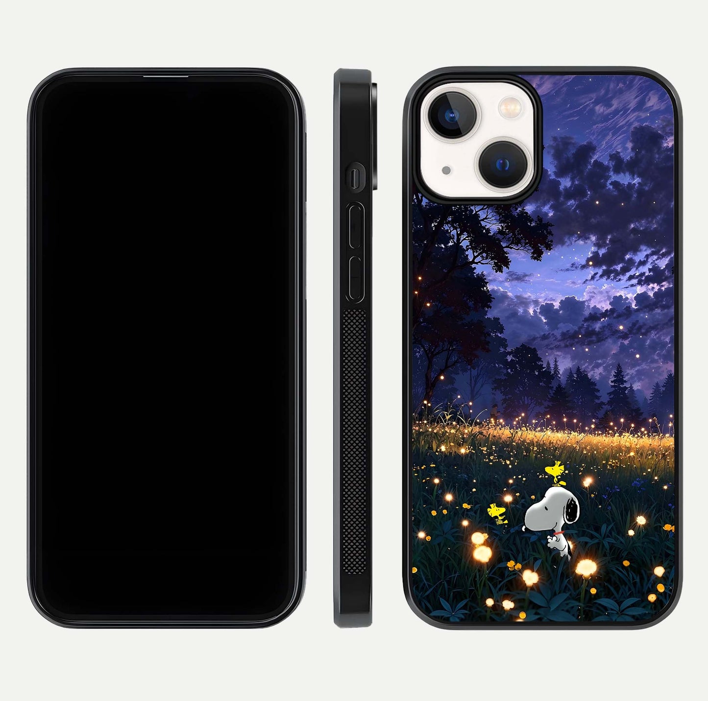 Firefly Meadow Magic Glass Case for iPhone 13 dual-view layout displaying enchanting tones and curved edges