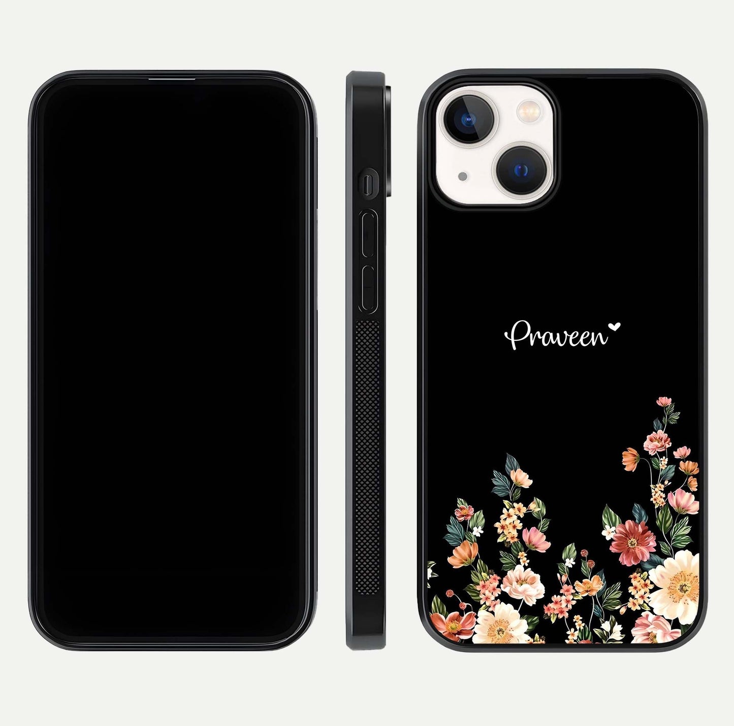 Floral Design Personalized Custom Name Glass Case for iPhone 13 dual-view layout displaying artistic tones and curved finish
