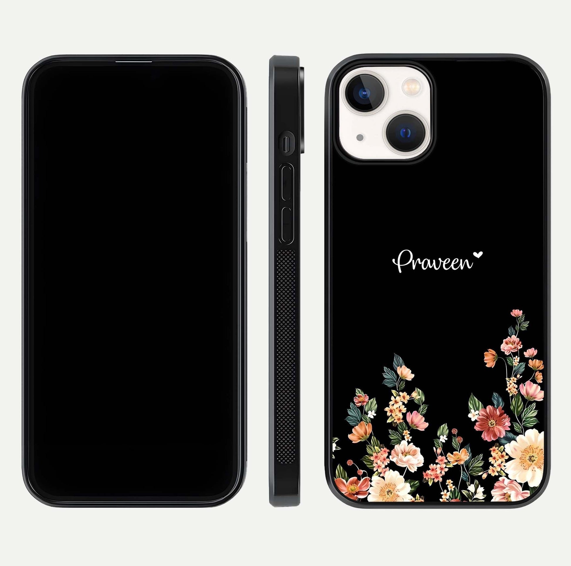 Floral Design Personalized Custom Name Glass Case for iPhone 13 dual-view layout displaying artistic tones and curved finish
