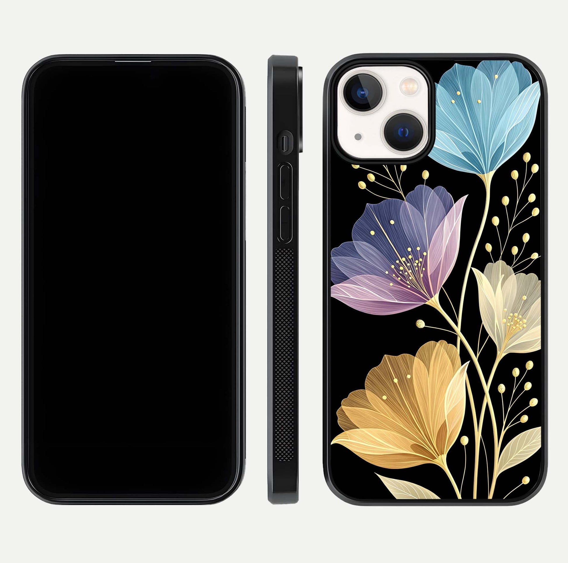Flower Bloom Glow Glass Case for iPhone 13 dual-view layout displaying petal tones and curved glass edge