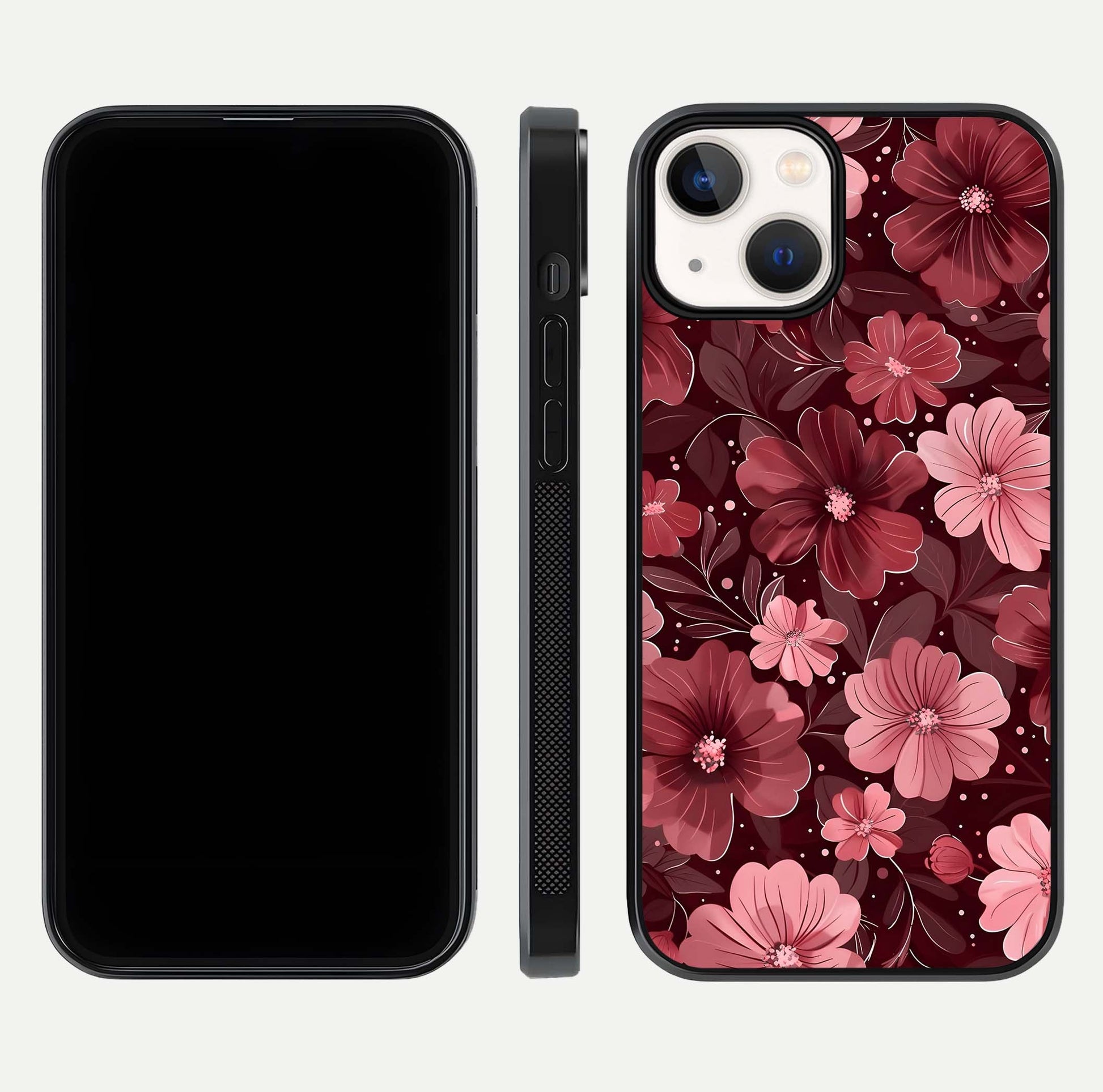 Flower Blush Bloom Glass Case for iPhone 13 dual-view layout displaying HD print and smooth curves
