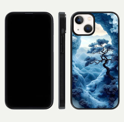 Frozen Serenity Gate Glass Case for iPhone 13 dual-view layout displaying winter theme and smooth curves