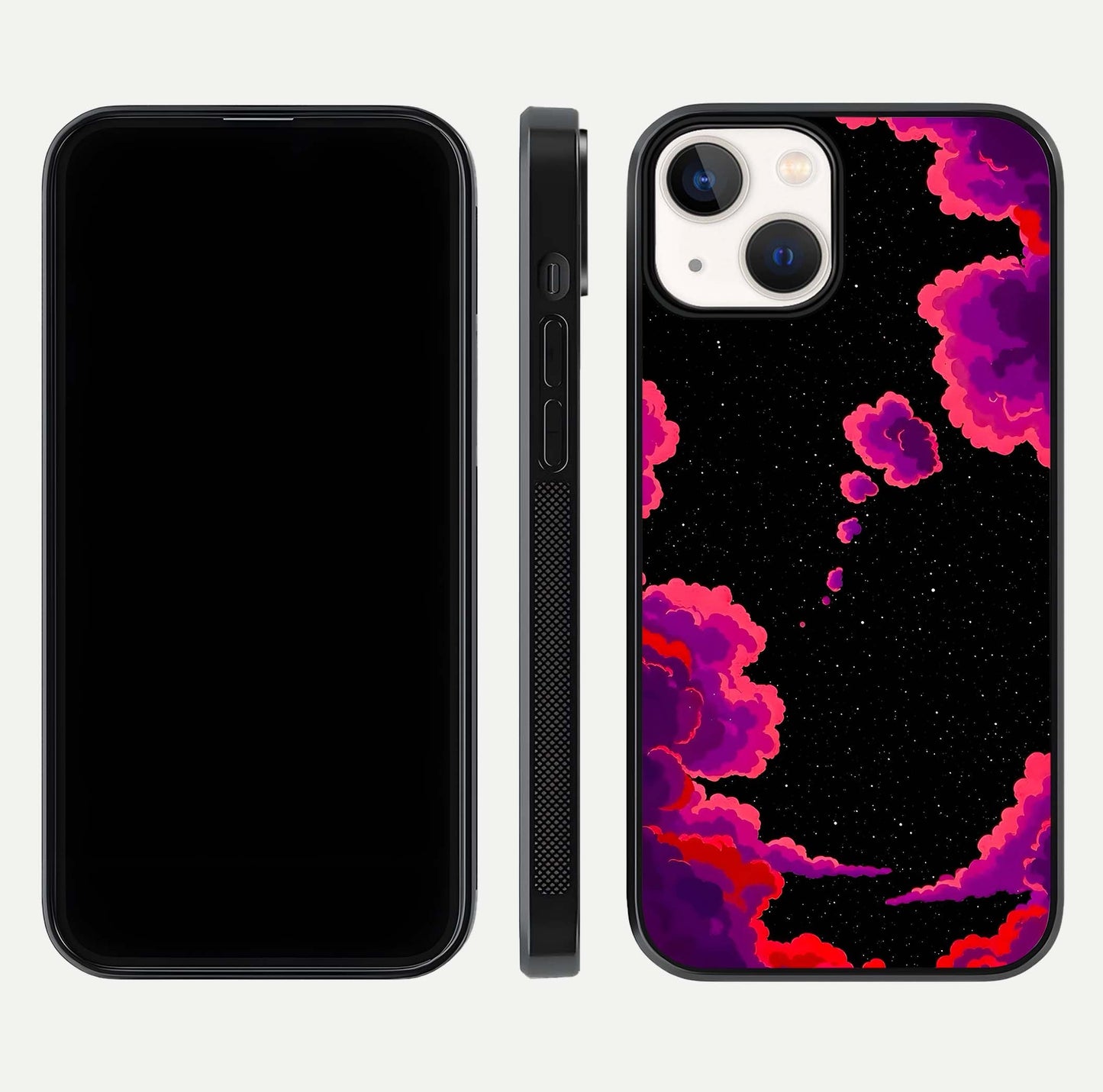 Galaxy Dream Frame Glass Case for iPhone 13 front and back view layout highlighting cosmic design and smooth glass curvature