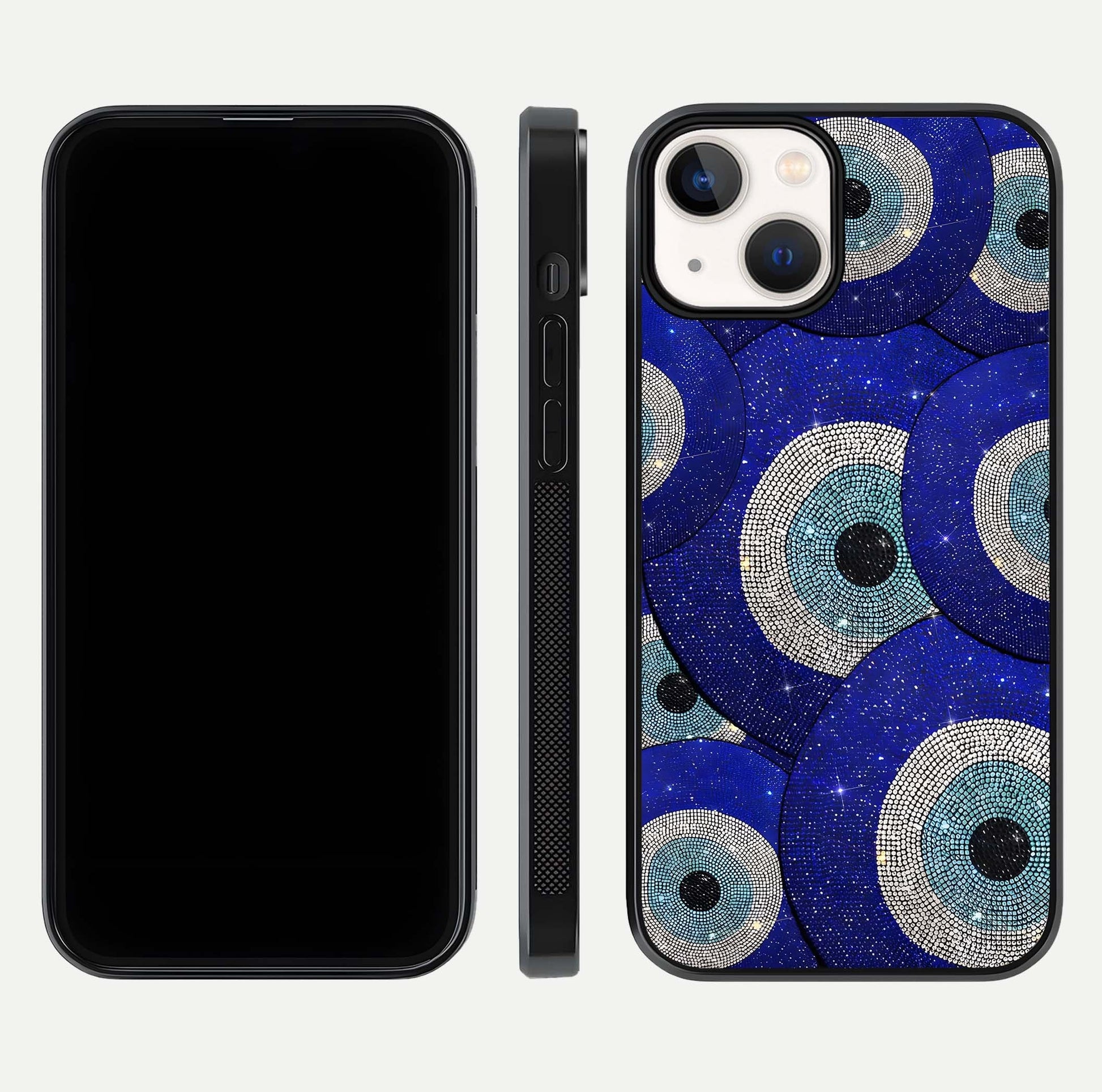 Galaxy Eye Flow Glass Case for iPhone 13 front and back view layout displaying cosmic art and curved glass borders