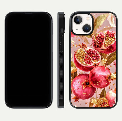 Golden Bloom Glow Glass Case for iPhone 13 front and back view layout highlighting luxury floral pattern and curved edges