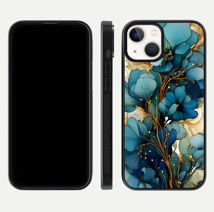 Golden Bloom Symphony Glass Case for iPhone 13 front and back view layout highlighting rich floral tones and curved glass edges