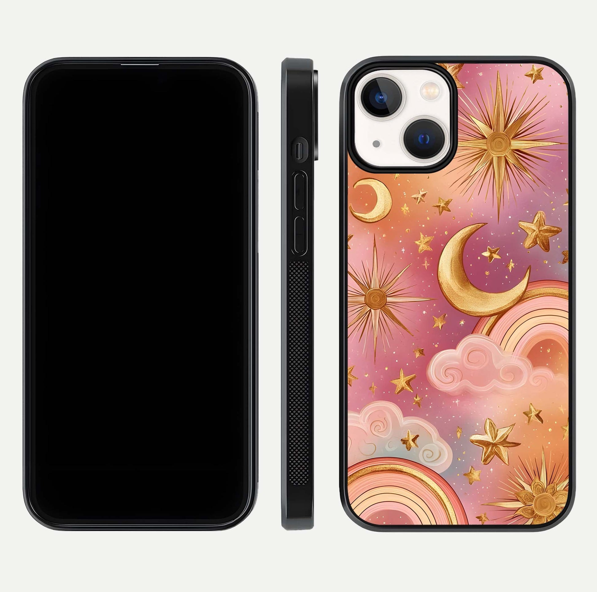 Golden Celestial Dreams Glass Case for iPhone 13 front and back view layout highlighting celestial motifs and smooth curved edge