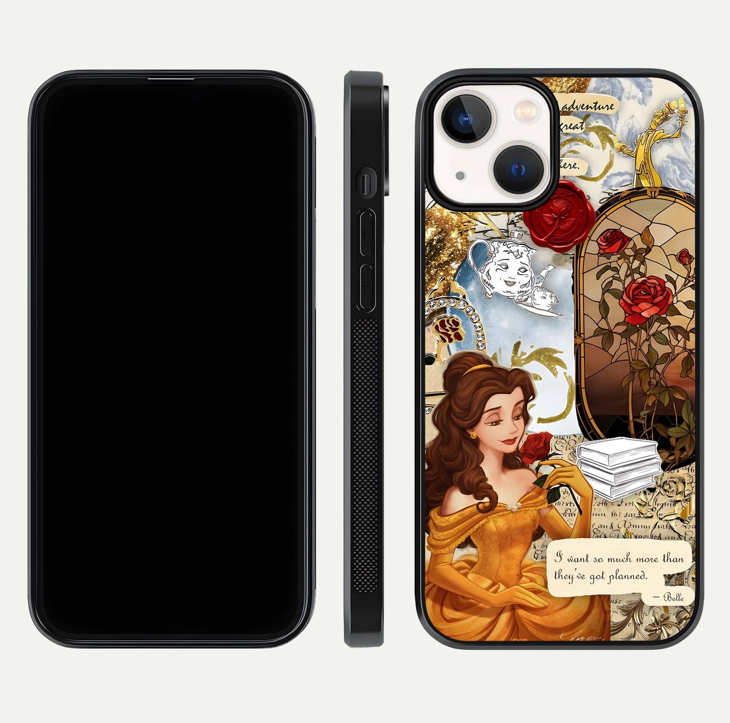 Golden Dream Belle Glass Case for iPhone 13 front and back view layout displaying dreamy golden theme and smooth curvature