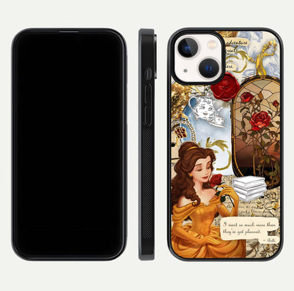 Golden Dream Belle Glass Case for iPhone 13 front and back view layout displaying dreamy golden theme and smooth curvature
