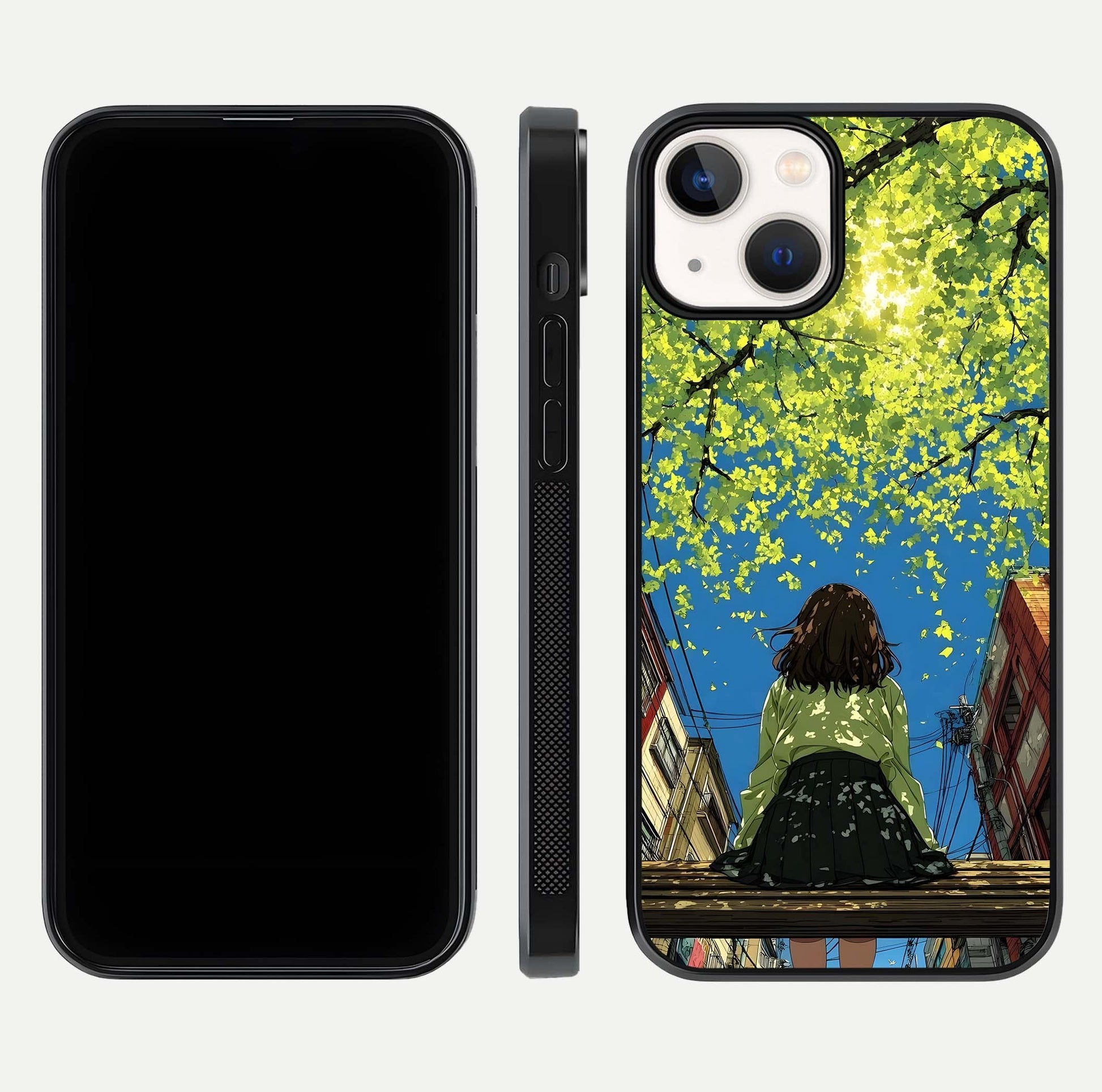 Golden Leaves Glow Glass Case for iPhone 13 front and back view layout highlighting glowing tones and curved edges