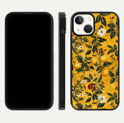 Golden Lemon Field Glass Case for iPhone 13 front and back view layout highlighting fruity tones and curved glass edges