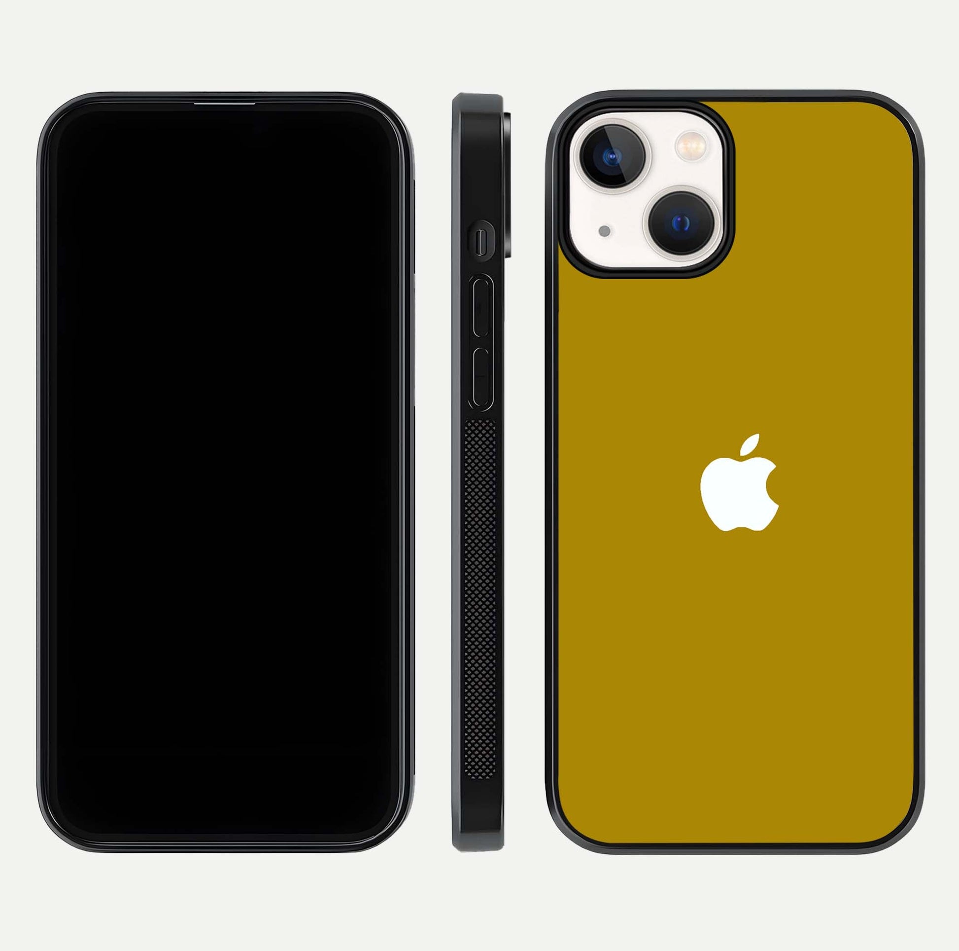 Golden Luxe Aura Glass Case for iPhone 13 front and back view layout highlighting premium tone and curved glass