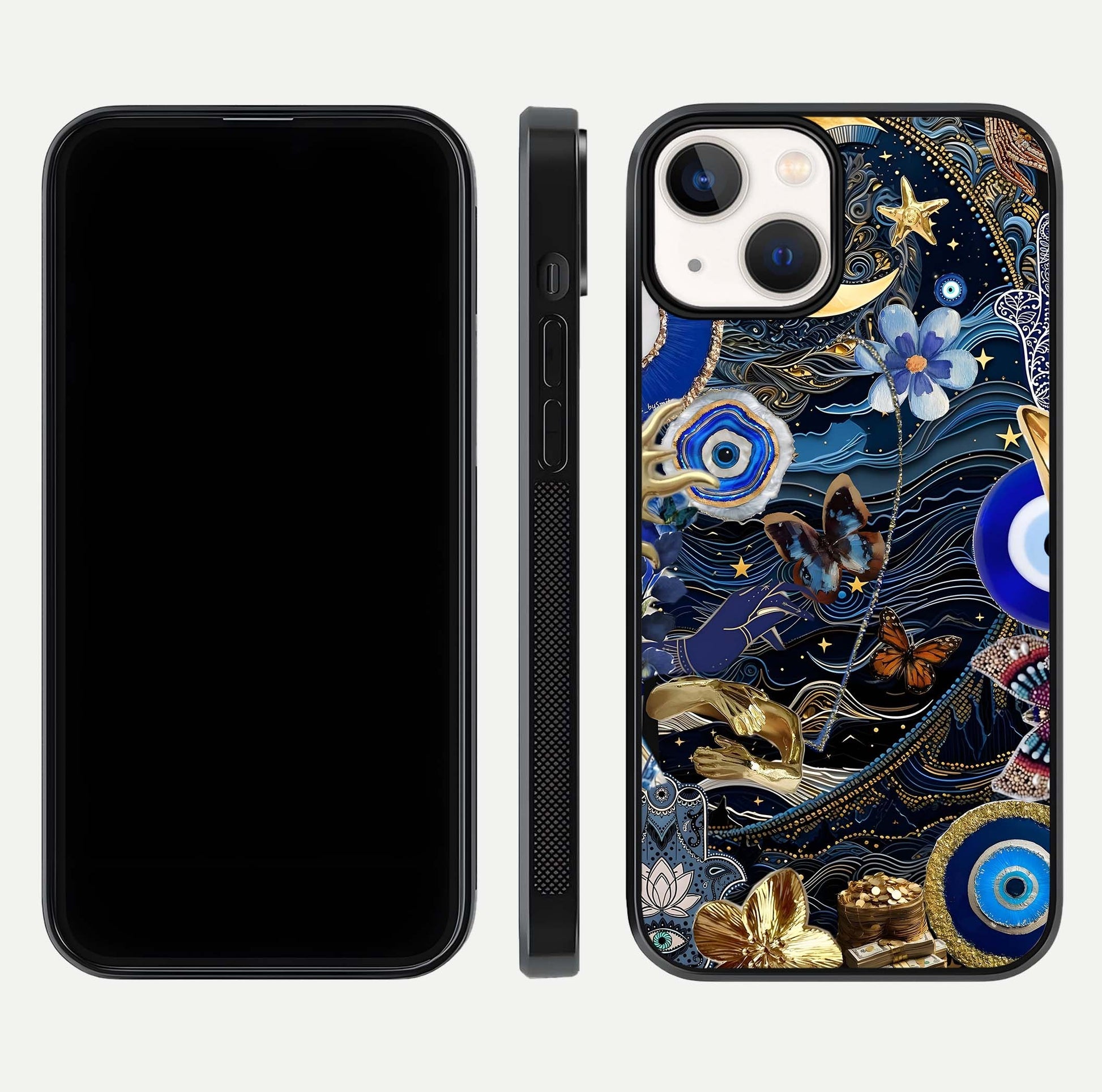 Golden Moon Magic Glass Case for iPhone 13 front and back view layout highlighting celestial tones and curved glass
