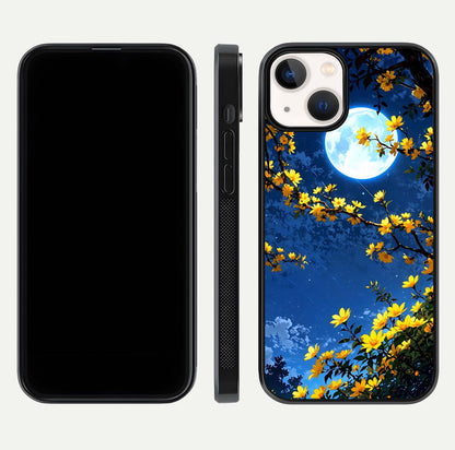 Golden Night Glow Glass Case for iPhone 13 front and back view layout displaying metallic glow and curved glass edge
