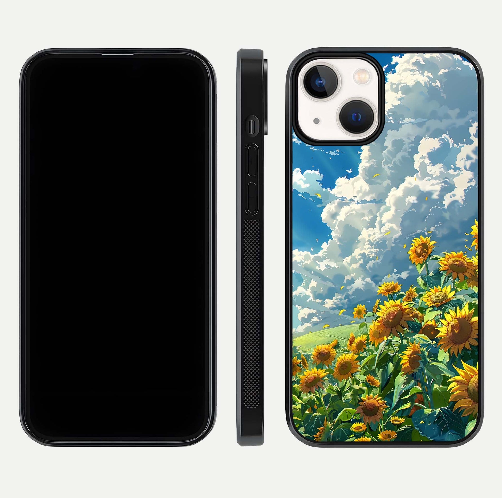 Golden Sun Glory Glass Case for iPhone 13 front and back view layout displaying bright golden tones and curved edges