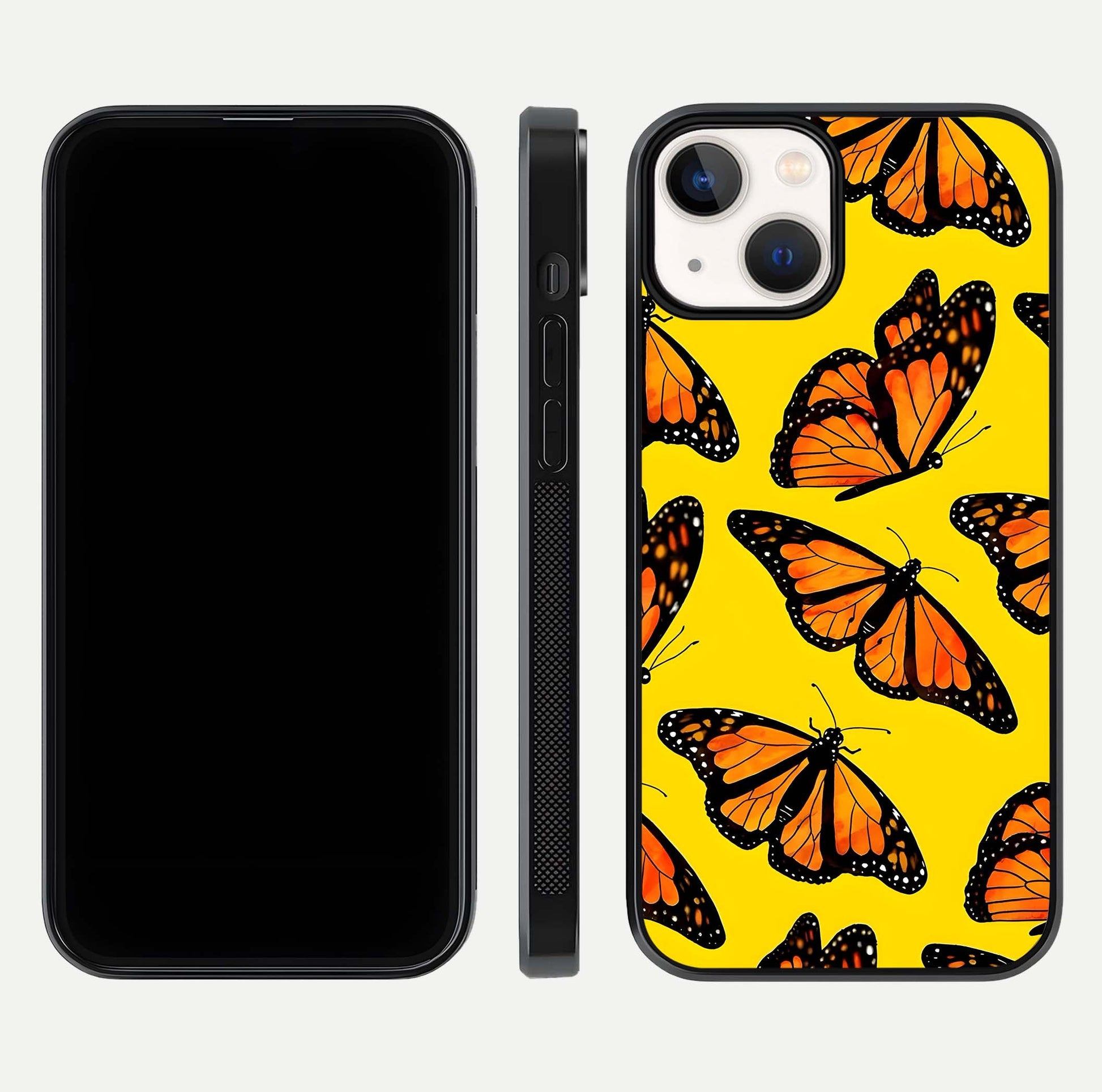 Golden Wing Flight Glass Case for iPhone 13 front and back view layout highlighting graceful lines and curved glass