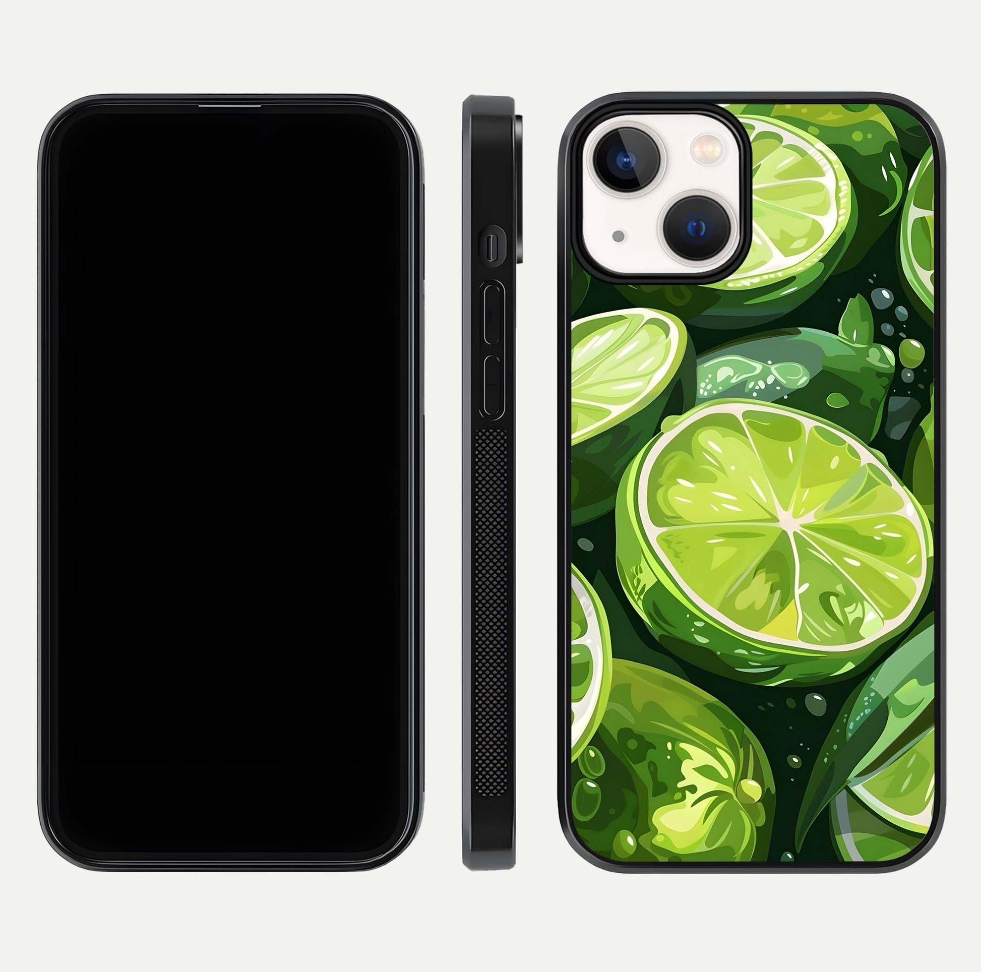 Green Lemon Glass Case for iPhone 13 front and back view layout displaying vibrant yellow-green hues and smooth edges