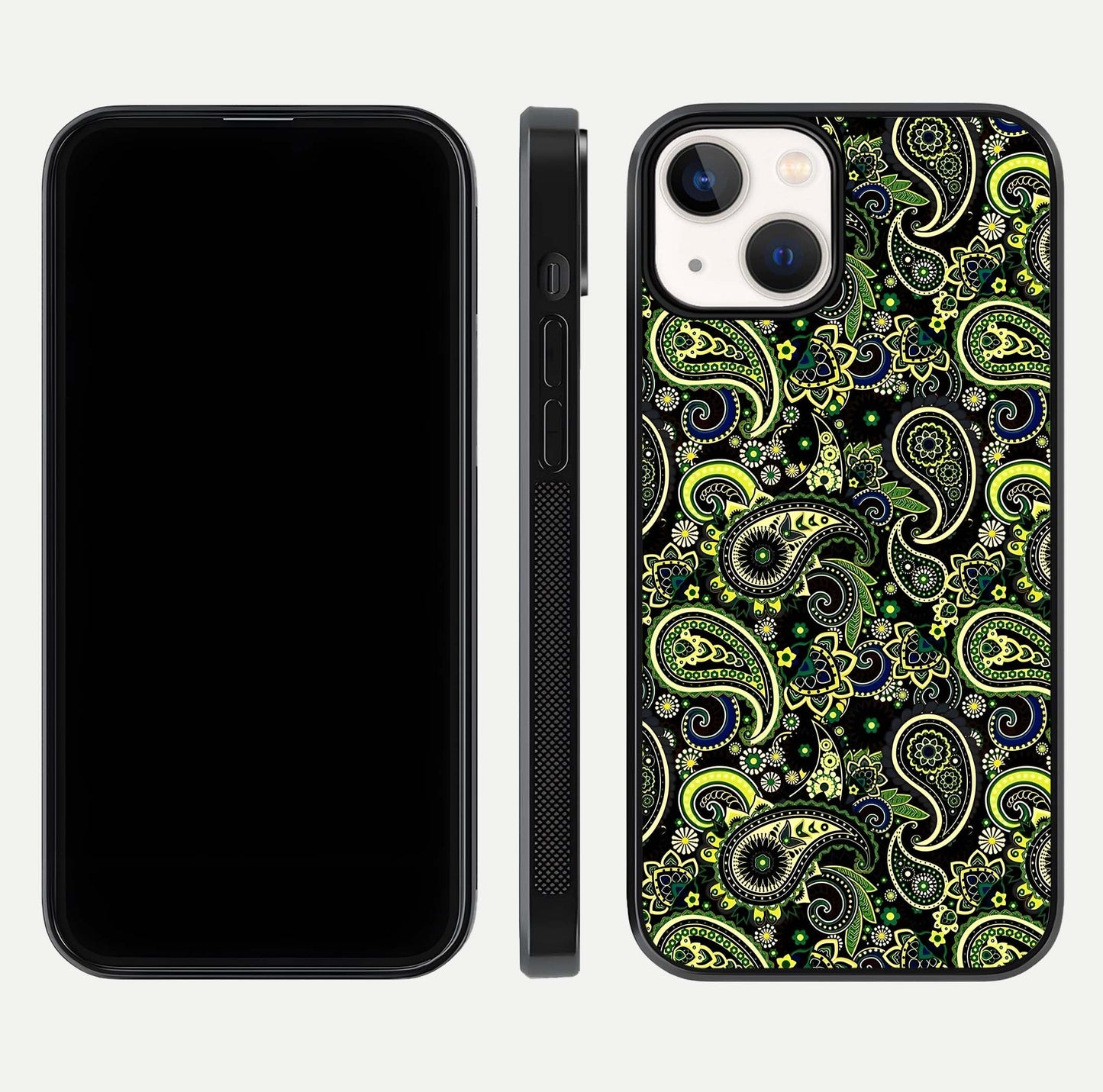 Green Mandala Pattern Glass Case for iPhone 13 front and back view layout highlighting geometric art and curved glass