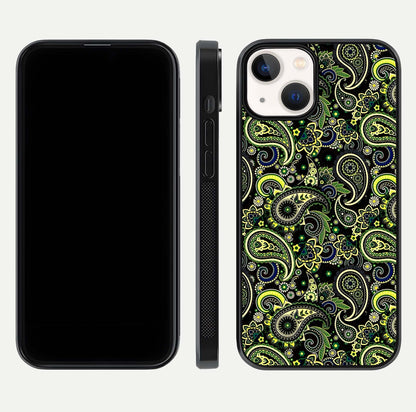 Green Mandala Pattern Glass Case for iPhone 13 front and back view layout highlighting geometric art and curved glass