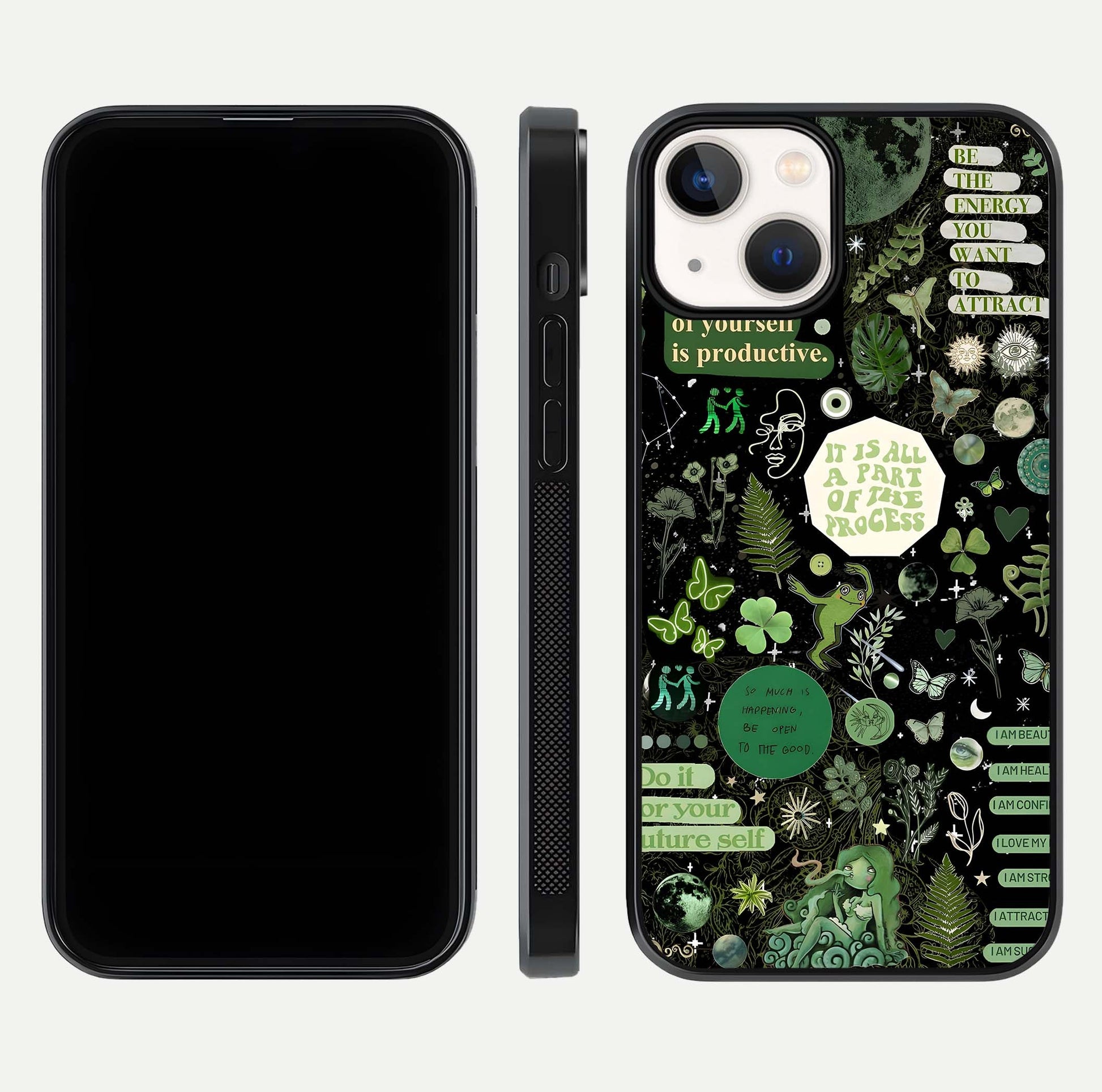 Green Moon Energy Glass Case for iPhone 13 front and back view layout highlighting cosmic tones and smooth edges