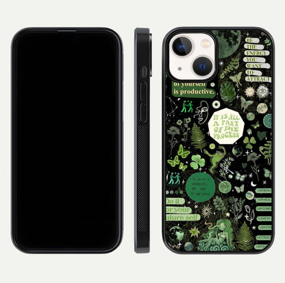 Green Moon Energy Glass Case for iPhone 13 front and back view layout highlighting cosmic tones and smooth edges