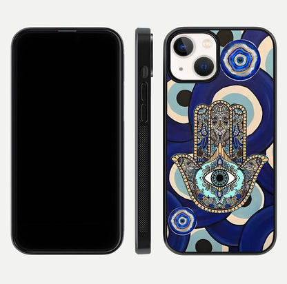 Hamsa Divine Guard Glass Case for iPhone 13 front and back view layout highlighting spiritual artwork and smooth edges