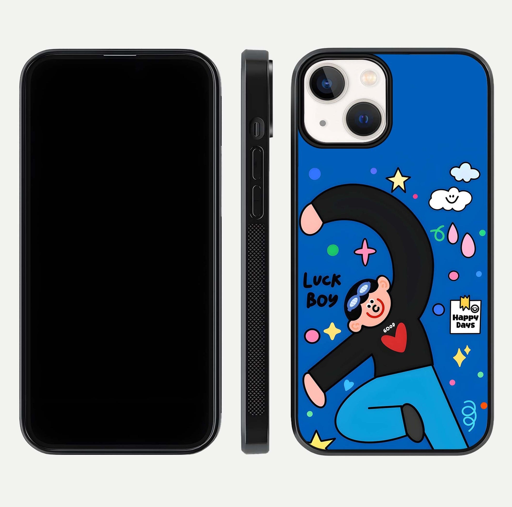 Happy Luck Vibe Glass Case for iPhone 13 front and back view layout highlighting positive motif and curved edges