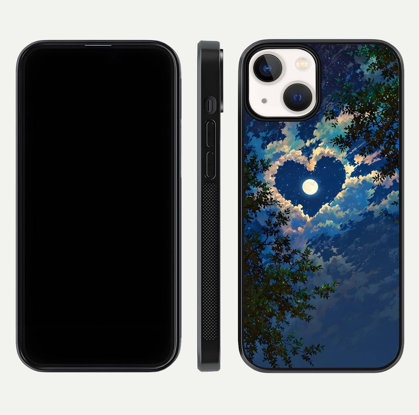 Heart with Moon Sky Glass Case for iPhone 13 front and back view layout displaying celestial tones and curved glass