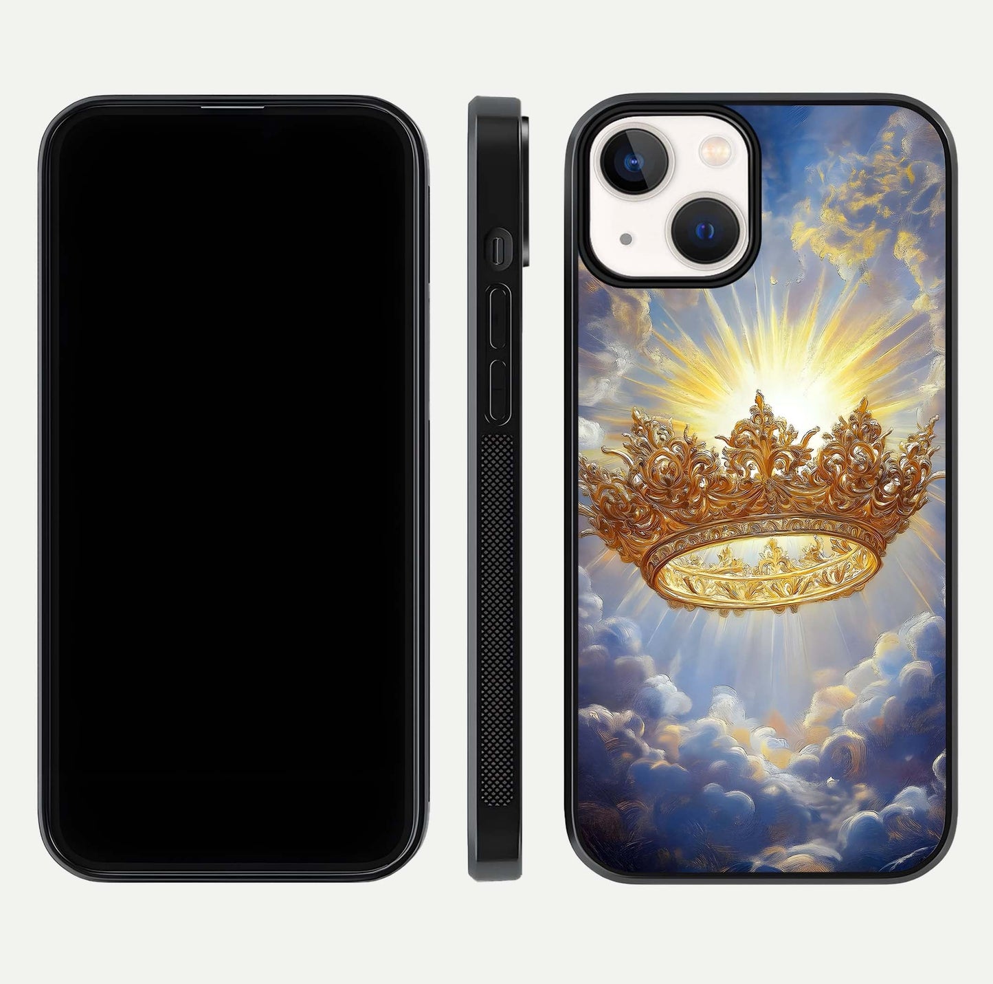 Heavenly Crown Light Glass Case for iPhone 13 front and back view layout highlighting golden aura tones and curved glass edges