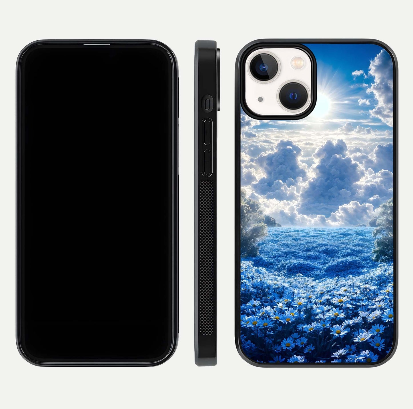 Heavenly Daisy Horizon Glass Case for iPhone 13 front and back view layout highlighting floral field tones and curved edges