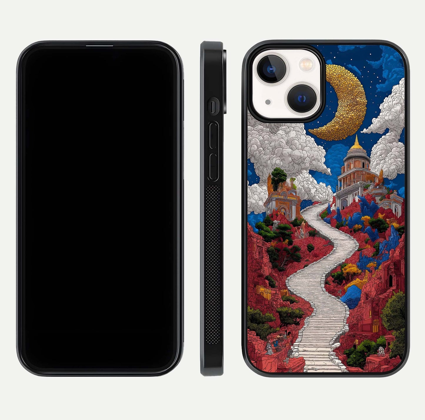 Heavenly Moon Path Glass Case for iPhone 13 front and back view layout displaying night sky tones and curved glass edges